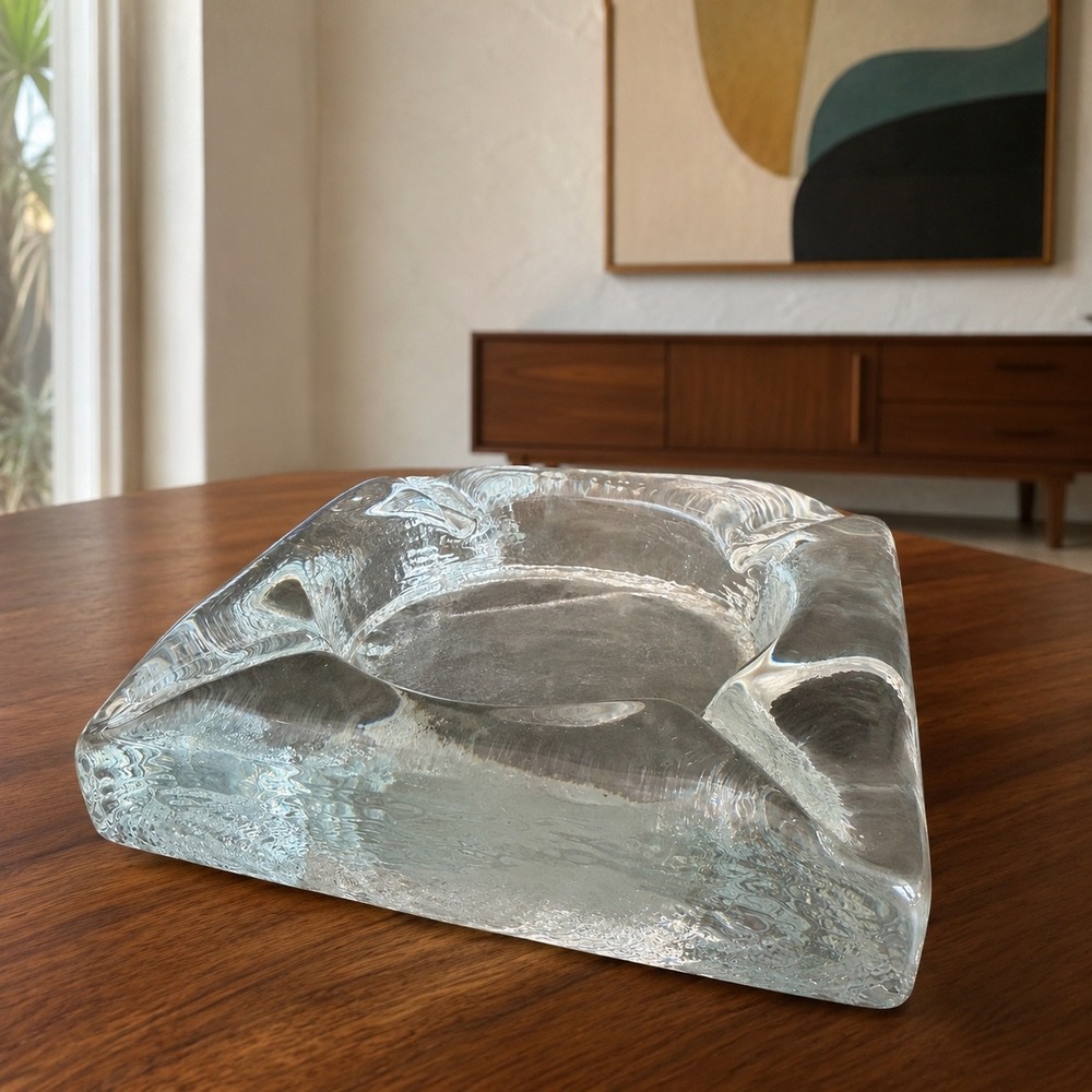 Blenko 848L Clear Glass Ashtray‎ Mid Century Modern Heavy Art Glass